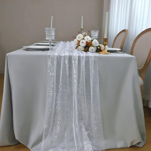 Snowkingdom 10 Pcs 10 FT Silver Table Runners, Sheer Chiffon Gauze Cheesecloth Runner, Sequin Glitter Silver Party Table Decoration Centerpieces for Wedding Christmas Birthday Bridal Baby Shower - Image 6