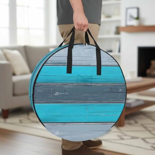 Blue Grey Stripe Round Storage Bag 24 Inch, Retro Coastal Style Wood Texture Clothes Storage Container with Handles Heavy Duty Organizer for Comforter, Bedding & Holiday Wreaths - Image 2