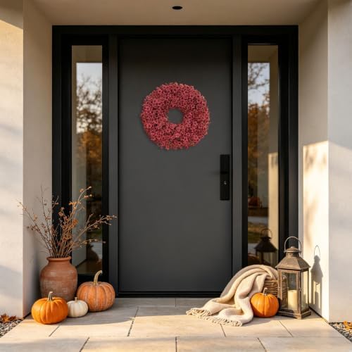 20" Burgundy Fall Wreath for Front Door, Artificial Mums Autumn Wreath - Image 6
