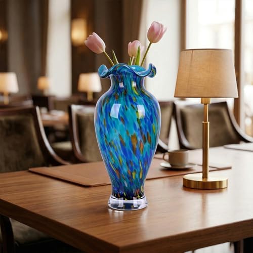 12in Tall Hand Blown Glass Vase Unique Ruffle Wide Mouth Vases, Elegant Modern Glass Flower Decorations Vase, Beautiful Colorful Vases for Home Living Room Bookshelves Wedding High End Centerpieces - Image 4