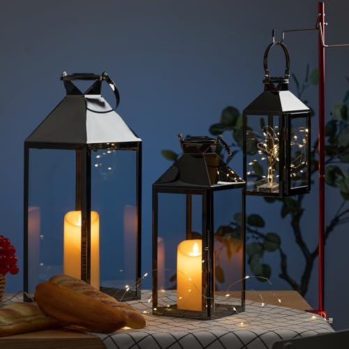 MATICO Stainless Decorative Pinnacle Candle Lantern Set of 3, Hanging Decor Hurricane Lantern Candle Holder for Festival Ceremony Home Decor, Both Indoor & Outdoor Use, Black - Image 3