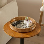 YANGQIHOME Round Rattan Tray with Handle, Mother of Pearl Inlay Decorative Wicker Basket for Coffee, Bread, Fruits, Serving Tray for Home Decor, Blue Leaf - Image 4