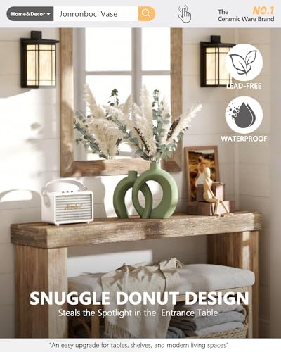Set of 2 Sage Green Ceramic Vases for Home Decor Accents - Unique Hollow Donut Artistic Design Modern Boho Farmhouse Style Decorative Vases for Shelf, Mantel, Entryway Table Decor (Matte Green) - Image 3