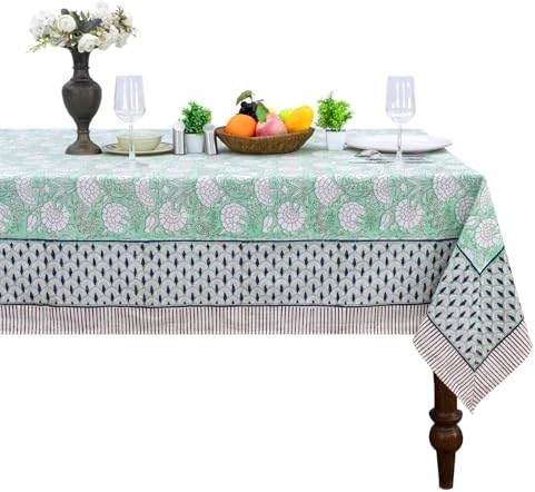 Home Spun & Crafts 80x120 Inches Rectangle Hand Block Print Tablecloth, 100% Cotton, Summer Green Floral Table Cloths Washable, Traditional Indian for Dining Outdoor Thanksgiving Halloween Christmas by HomeSpunCrafts