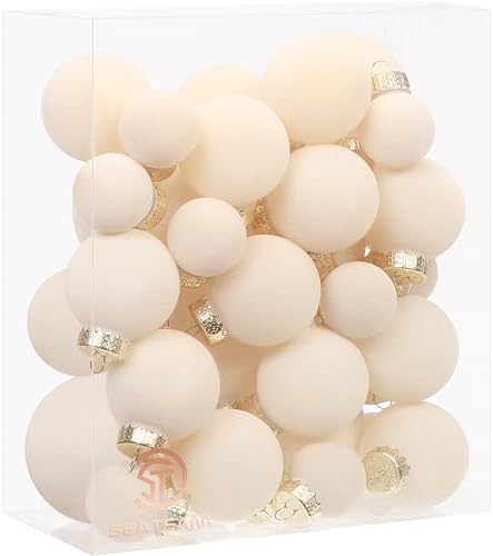 Sea Team 32-Pack Flocked Velvet Christmas Ball Ornaments, Cream by SeaTeam