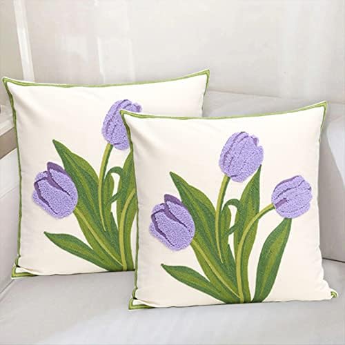 Pack of 2 Embroidered Decorative Throw Pillow Cover 18x18 Inch Farmhouse Floral Pillowcase for Living Room Sofa Bed (Purple Tulip) - Image 2