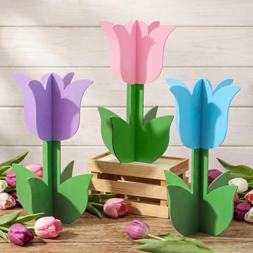 3 Pcs Spring Outdoor Tulip Decorations 3D Large Wooden Tulip Yard Signs Rustic Flower Porch Decorations for Home Spring Party Porch Yard Garden Front Door, 15.75 Inch - Image 6