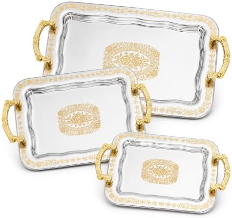 3 Pcs Silver Serving Trays with Handles by Unknown