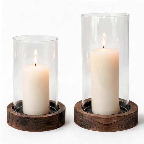 Hurricane Candle Holder Wooden: Set of 2 Candle Holder Pillar with Wood Base Clear Glass Sleeve – Rustic Wooden Candle Holders for Home Decor, Weddings, Table Centerpiece(Brown) by CEDARLUX