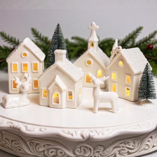 Christmas Decorations Indoor - 9 Piece Christmas Village Sets with 4 Remote Control Lighted Ceramic Houses, 2 Trees, 2 Deer & Santa - Neutral White Farmhouse Holiday Decor for Home Table Room(White) by Qulable