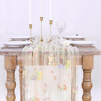 Beige White Floral Gauze Table Runner 10ft Embroidery Tulle Spring Decor - Image 6