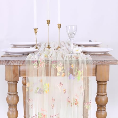 Beige White Floral Gauze Table Runner 10ft Embroidery Spring Tulle Linens - Image 6