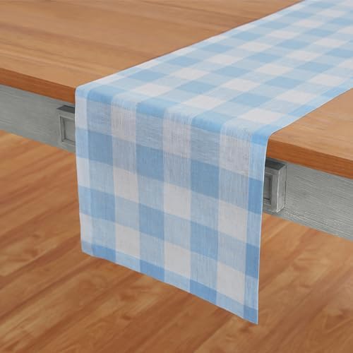 Solino Home 100% Pure Linen Table Runner Blue, Buffalo Check 14 x 144 in - Image 2