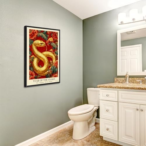Chinese Lunar Year of the Snake Golden Art Print – Traditional Oriental Home Decor Red Peony & Cloud Pattern Zodiac Wall Decor for Apartment Bedroom Living Room Office 24X36 in Black Framed - Image 5