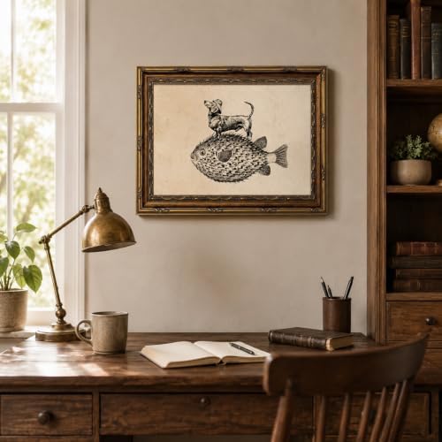 Gold Framed Dog on Fish Wall Art, Funny Animal Canvas Print, 16x12 - Image 6