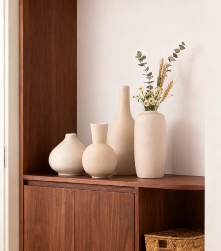 Beige Ceramic Vase Home Decor Small Flowers Vase Set of 4 Living Room Decoration Bookshelf Bedroom Kitchen Dining Table Modern Farmhouse - Image 5