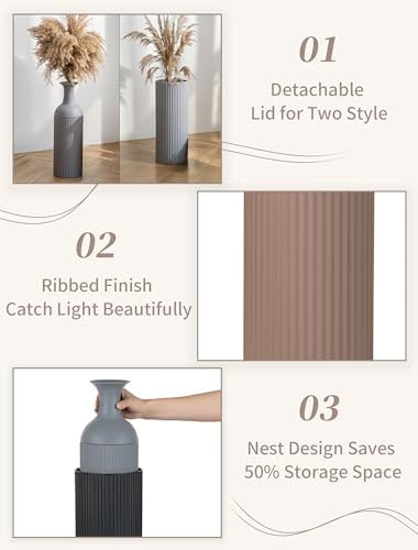 Sziqiqi Metal Tall Floor Vase, Tricolor Large Ribbed Floor Standing, 3Pcs - Image 4