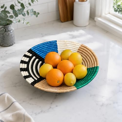 Handwoven African Basket Bowl for Fruits Home Decor (Green, Blue,black, 12in diameter) - Image 4