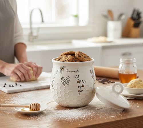 Young's Inc Honey Bee Ceramic Cookie Jar with Lid, Farmhouse Kitchen Storage Canister for Cookies, Treats,Coffee,Tea,Snacks,7.8 Inch Sweet Bee Decor Rustic Kitchen Container - Image 3