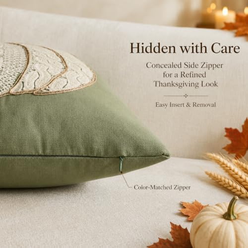 Embroidered Fall Throw Pillow Covers,18x18 Inch Set of 2,Sage Cable - Image 3