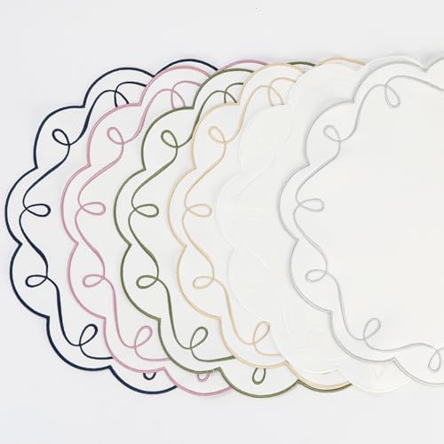 16.5 Inch Ribbon Twirl Embroidery Round Placemats Set of 4, Scalloped Round Table Mats for Party Kitchen Dining Decoration, Gray - Image 6