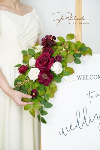 Wedding Decor (Pack of 2) Welcome Sign Flower Backdrop Garland for Ceremony Reception Wall Easel Home Decoration Entryway Faux Outdoor Board Head Table Decor (Burgundy & White) - Image 5