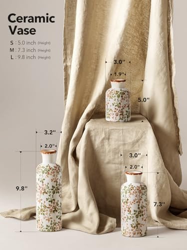 LE TAUCI Ceramic Vase Set of 3, Vintage Botanical Flower Vases for Fresh or Dried Flowers, Cottagecore Home Decor for Coffee Table, Mantel, Shelf, Entryway, Vine Green - Image 3