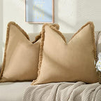 ZWJD Pillow Covers 18x18 Set of 2 Khaki Throw Pillow Covers with Fringe Chic Cotton Decorative Pillows Square Cushion Covers for Sofa Couch Bed Living Room Farmhouse Boho Decor by ZWJD