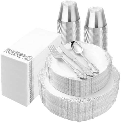 Bestluck 350PCS Silver Disposable Dinnerware for 50 Guests by Bestluck