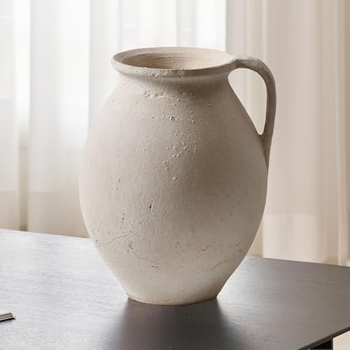 LB2 White Ceramic Large Vase, 11.2" Tall Zen Style Vase, Terra Cotta Pitcher, Distressed Farmhouse Decor, Pottery Decorative Flower for Home Decor (D - White 11.2") by LB2