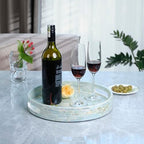 PEMAR 12.6” Mother of Pearl Round Serving Tray with Handles, Decorative Nacred Wooden Ottoman Coffee Table Tray (Teal Sunlight) - Image 2