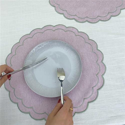 Linen Cotton Placemats Set of 4 Scalloped Flower Embroidery Place Mats 15'' Natural Linen Texture Fabric Machine Washable Table Mats for Restaurant Kitchen,Table Decor(Lilac) - Image 5