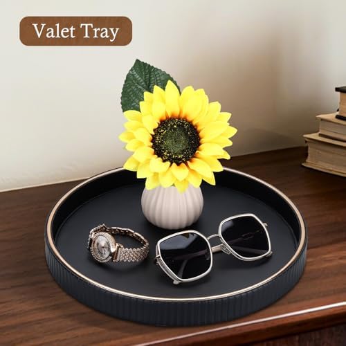 GORESE 12" Decorative Tray for Home Decor, Round PU Leather Coffee Table Tray Table Centerpiece for Living Room, Dresser, Vanity, Valet Tray Nightstand Organizer for Trinket Perfume Key, Black - Image 4