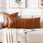 Fancy Homi Brown Boho Long Lumbar Faux Leather Body Decorative Throw Pillow Cover 14x36 Inch for Bedroom Couch Bed Sofa Bench, Hand Stitched Stylish Pillowcase, Rustic Modern Farmhouse Room Decor - Image 6