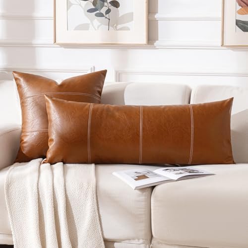 Fancy Homi Brown Boho Long Lumbar Faux Leather Body Decorative Throw Pillow Cover 14x36 Inch for Bedroom Couch Bed Sofa Bench, Hand Stitched Stylish Pillowcase, Rustic Modern Farmhouse Room Decor - Image 6