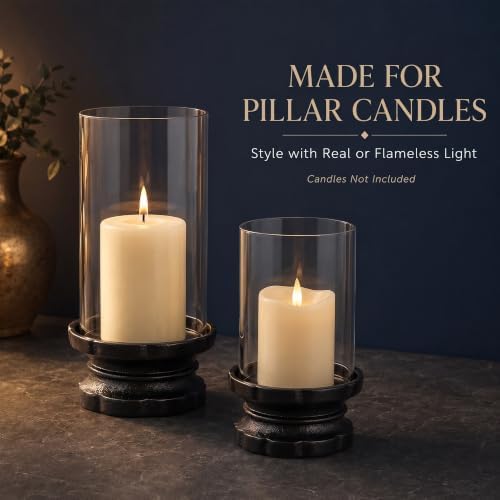 Set of 2 Black Cast Iron Hurricane Candle Holders Flower Base - Image 3