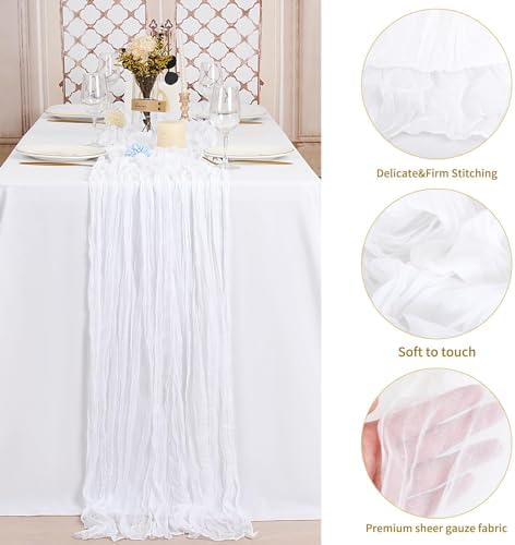 20 Pack White Table Runner 10Ft Cheesecloth Table Runner Boho Gauze Table Runners Romantic Long Sheer Fabric Cheese Cloth Table Runners for Wedding Party Bridal Shower(White) - Image 4