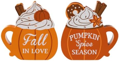 Glitzhome Fall Table Decoration for Home Set of 2 5.25"H Fall Wood Pumpkin Coffee Mug Sign Decor Thanksgiving Table Centerpiece for Autumn Harvest Party Home Kitchen Farmhouse - Image 4