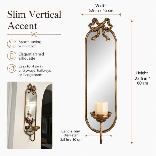 23.6" Gold Candle Sconces Wall Decor, Vintage French Metal Bow Mirror Wall Candle Holder, Decorative Candle Sconce with Candle Tray for Bedroom, Fireplace, Entryway, Hallway, Living Room - Image 2
