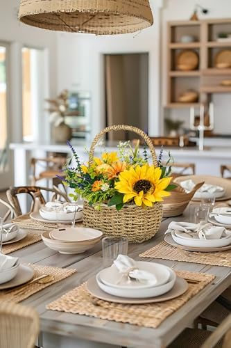 Sunflowers Artificial Flowers, Spring/Summer Flower Centerpieces for Tables Silk Flower Arrangements with Woven Basket Fake Sunflowers with Daisy & Lavender Dinner Table Centerpiece for Indoor Outdoor - Image 3