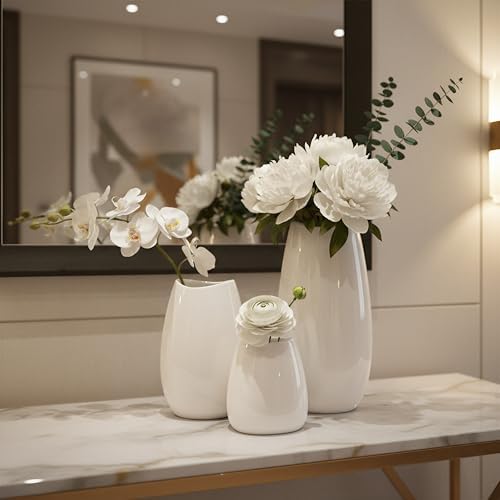 hjn Ceramic Vase Set of 3 White Flower Vase for Home Decor, Modern Decorative Vases for Flowers/Ideal Shelf Decor/Table/Living Room/Kitchen/Office-White - Image 2