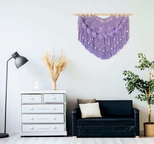 Youngeast Large Macrame Wall Hanging Boho Beaded Curtain for Window Macrame Bedroom Headboard Living Room Wall Art Tassel Tapestry Bohemian Woven Wall Decor 31" W X 25" H (Purple) - Image 5