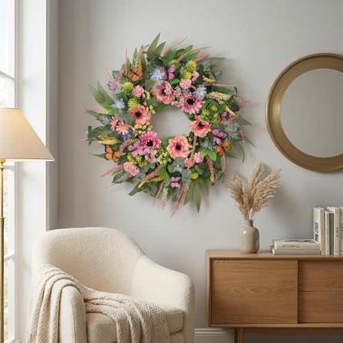 Wreaths for Front Door 26 Inch Spring Summer Wreath with Eucalyptus Leaves Pink Blooms Butterfly,for Year-Round Use Indoors and Outdoors as Wall, Door, Window, Party and Wedding Decorations - Image 5