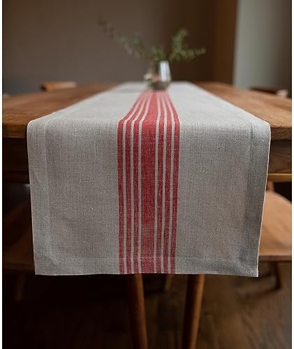 Solino Home 100% Linen Table Runner, 14 x 120 in, Red and Natural Striped by SolinoHome