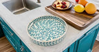 PEMAR 12.6” Mother of Pearl Round Serving Tray with Handles, Decorative Nacred Wooden Ottoman Coffee Table Tray (Teal Floral Pattern) - Image 6