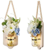 2 pcs Lighted Mason Jar Wall Decor with Artificial Flowers, Wooden Welcome Sign, Battery Operated, 50 LED Lights, Rustic Farmhouse Style Christmas Festival by Unknown