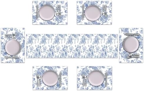 Blue and White Floral Table Runner and Place Mats Set of 6 108In - Image 2