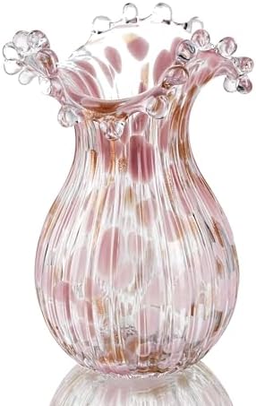 QFkris Hand Blown Glass Vase, Modern Art Flower Vase with Pink Petal Decor by QFkris