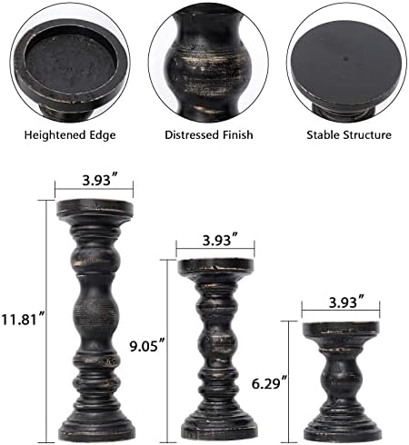 SWALLOWLIVING Rustic Farmhouse Wood Pillar Candle Holder Set of 3 for Candlestick, Black - Image 3