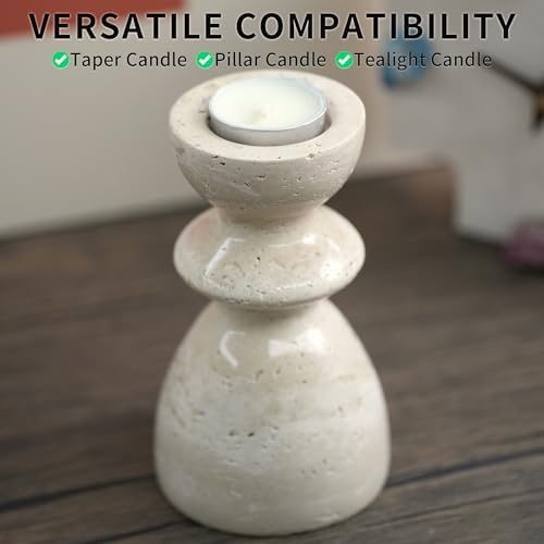 Travertine Marble Candlestick Holders - Stone Candle Sticks Holder Decor, Decorative Modern Candle Stands Multi-Purpose for Taper/Pillar/Tealight/Scented Candles - Image 3